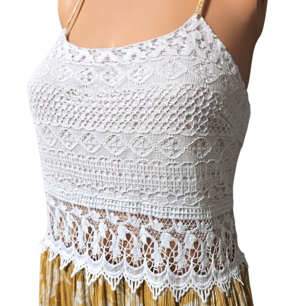 Wmns Crochet & Yellow Floral Sundress Sz LG Lace Cutout Feminine Coquette Boho - Picture 4 of 16